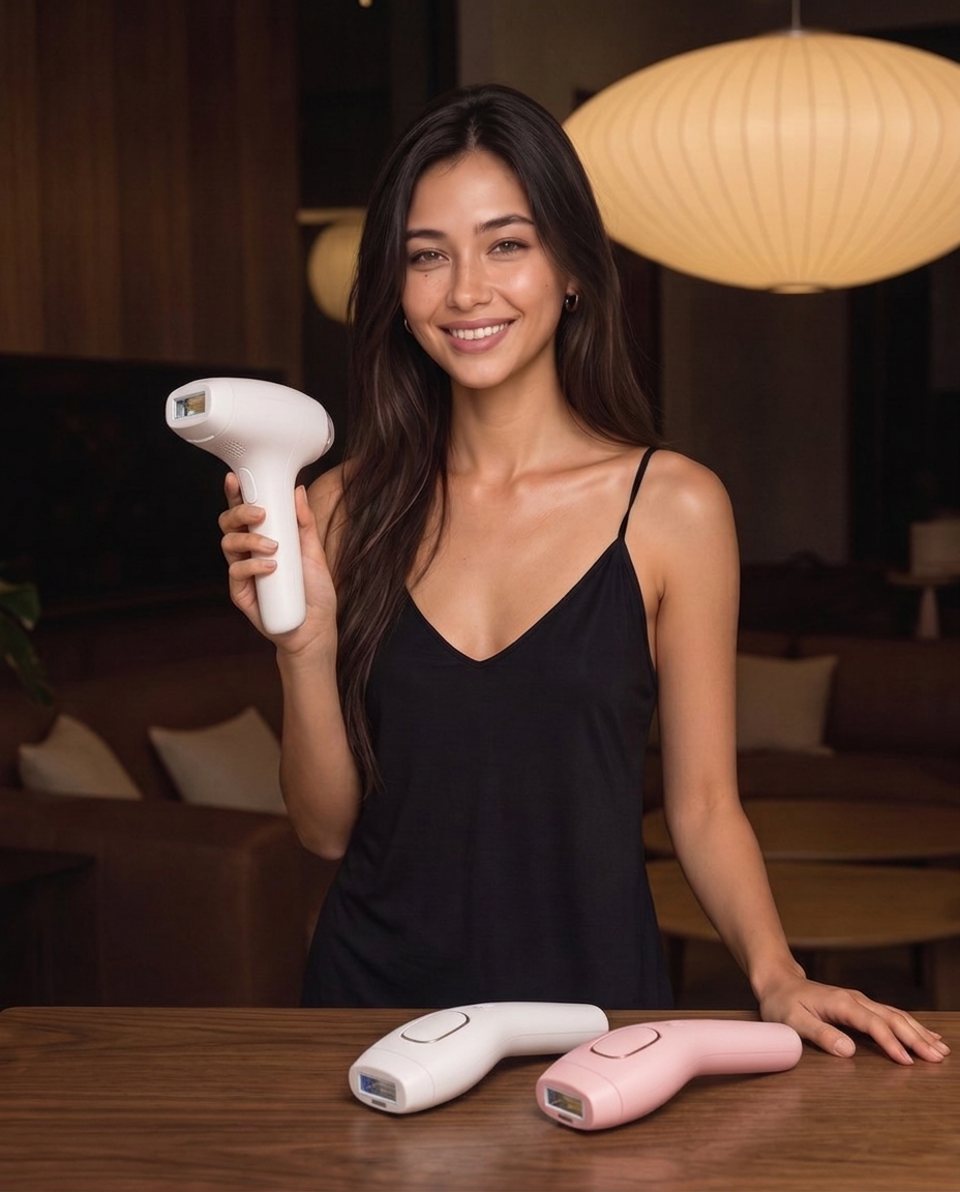 Elle with at-home ipl on a table in warm lamplight