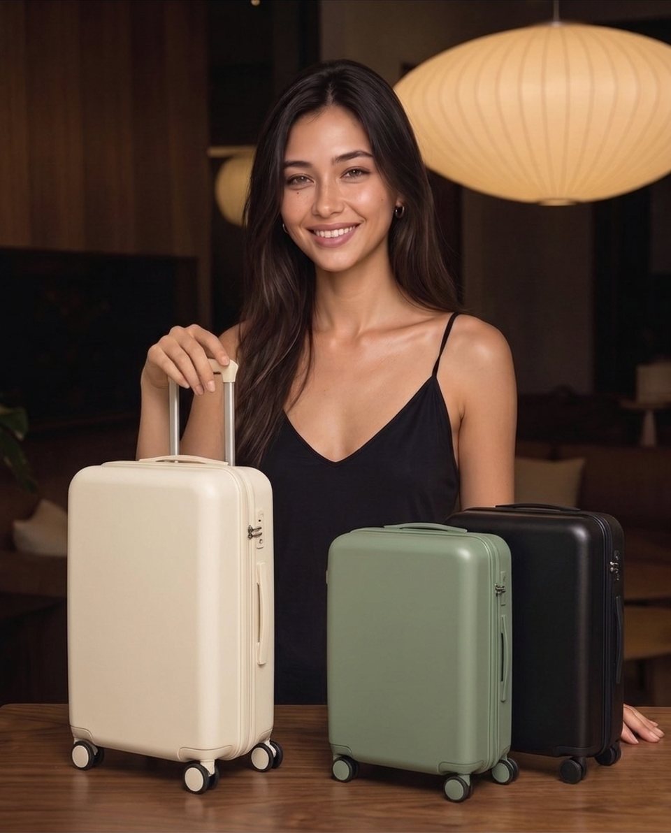 Elle with carry-ons on a table in warm lamplight