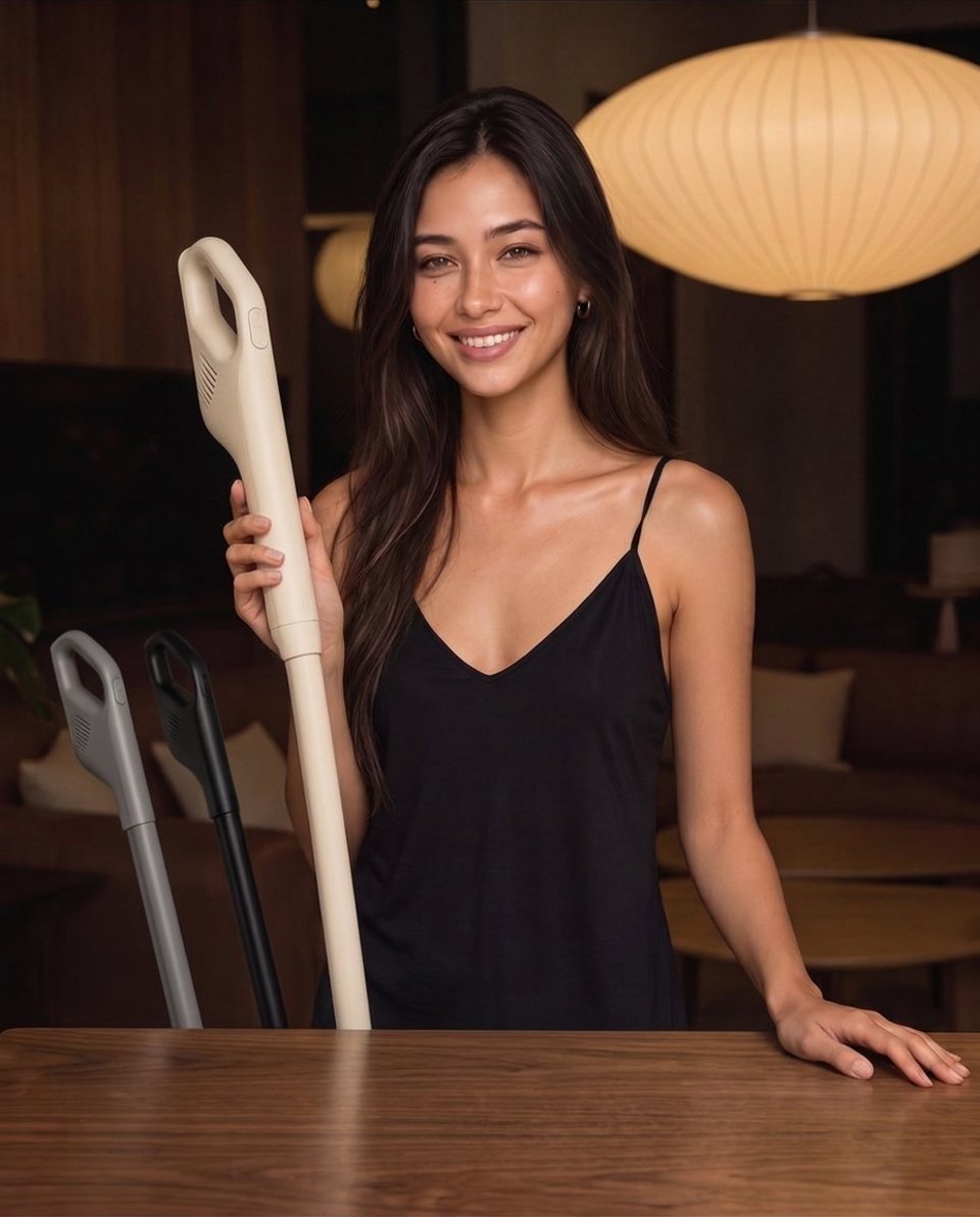Elle with cordless stick vacuums on a table in warm lamplight