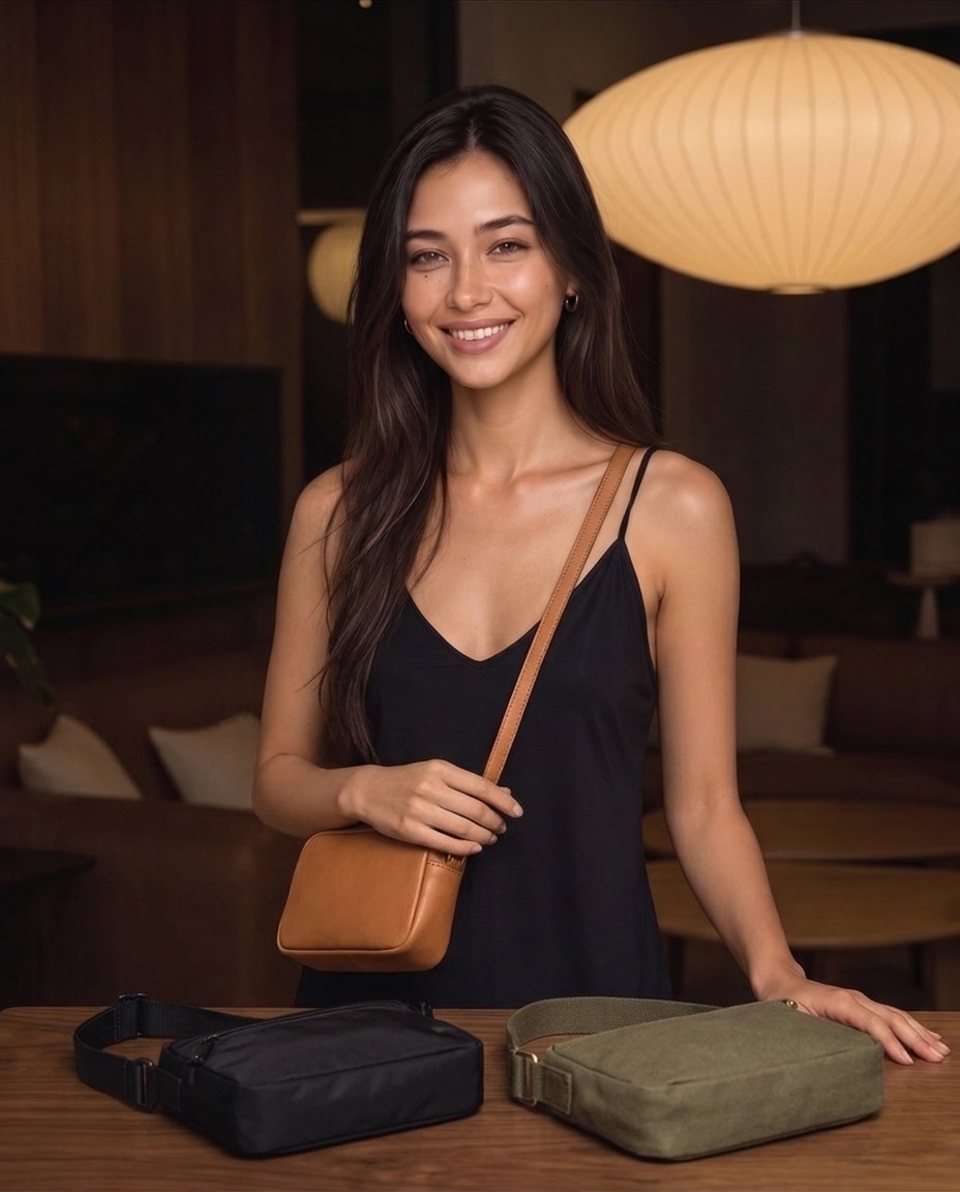 Elle with crossbody bags on a table in warm lamplight