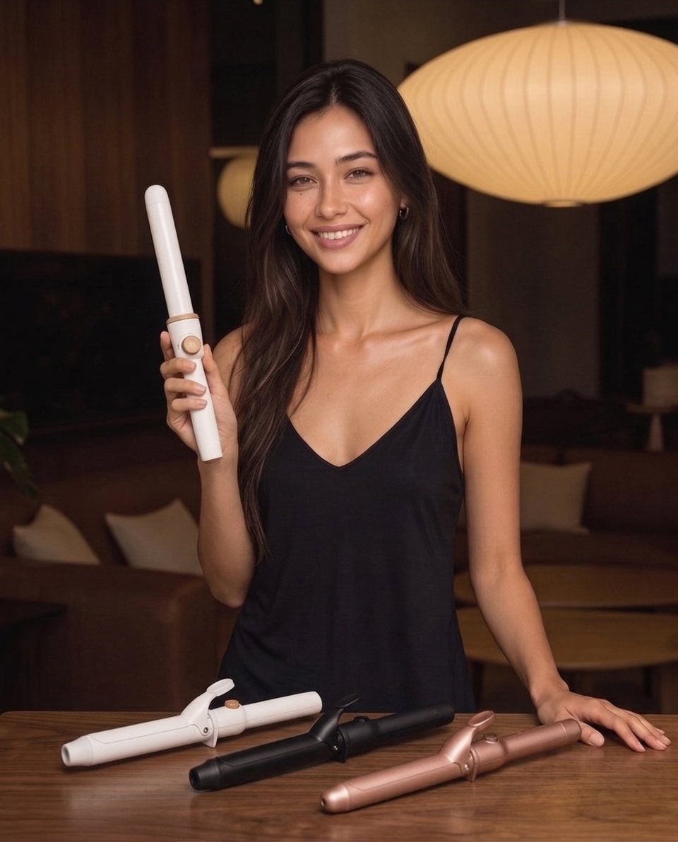 Elle with curling irons on a table in warm lamplight