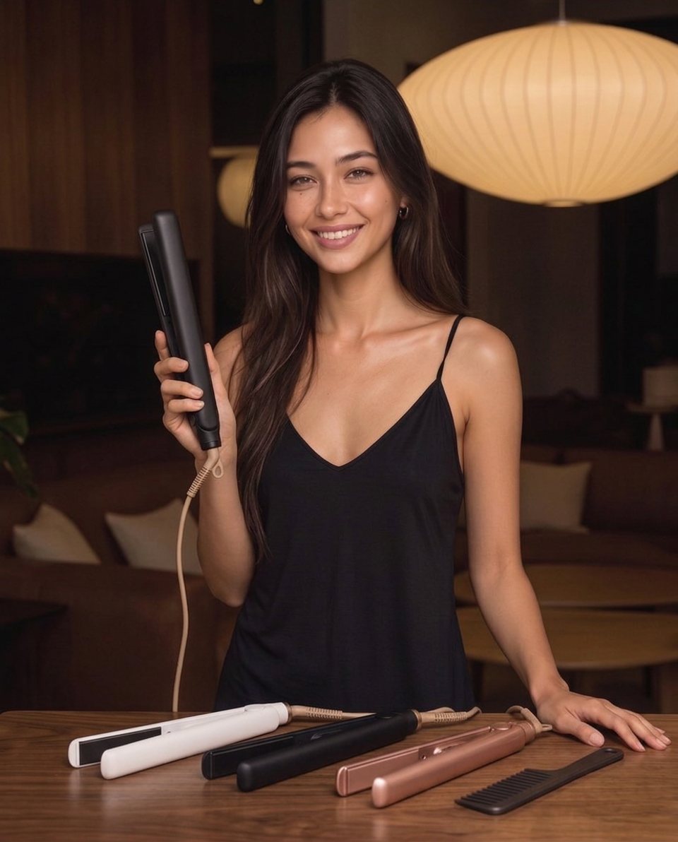 Elle with flat irons on a table in warm lamplight