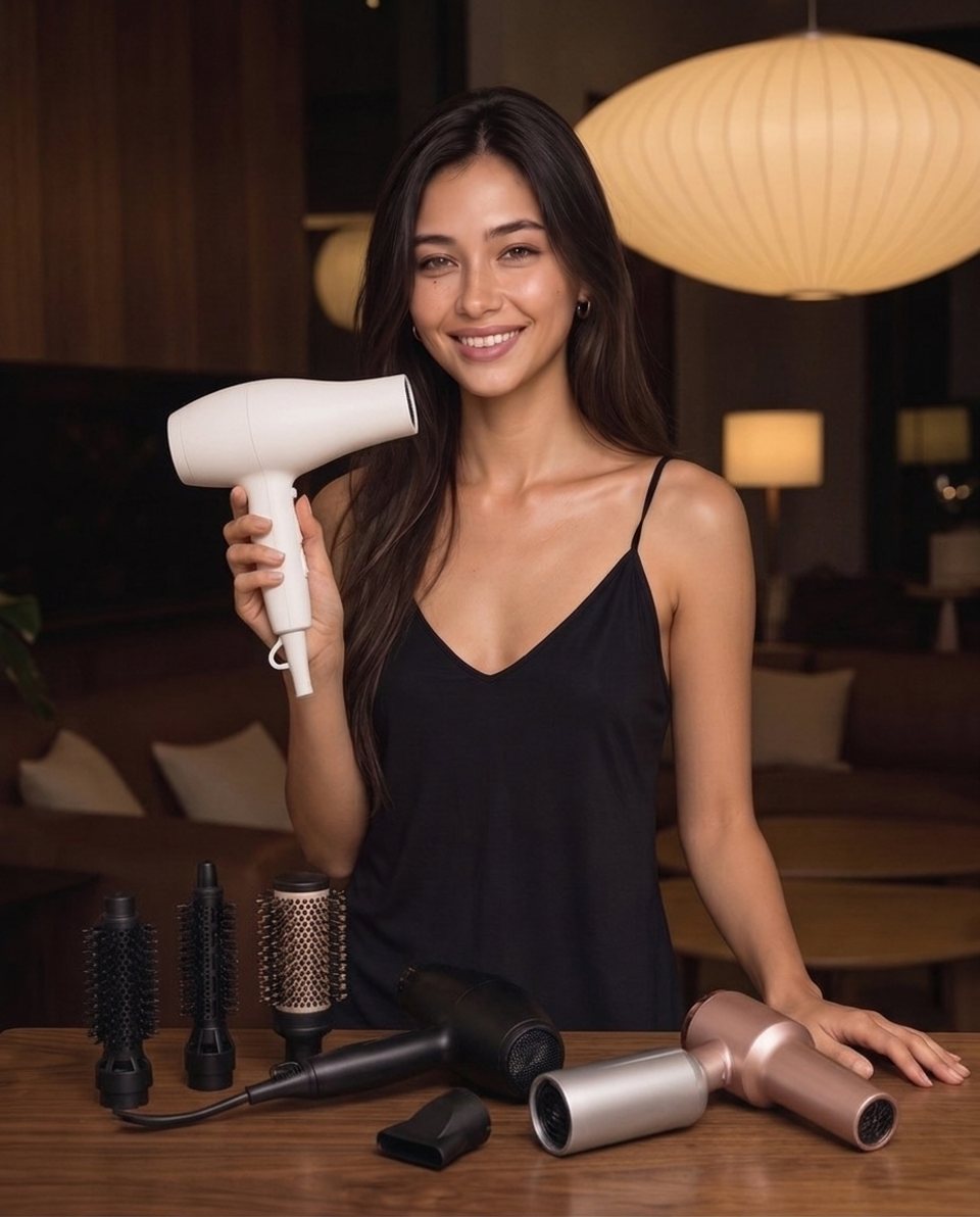 Elle with hair dryers on a table in warm lamplight