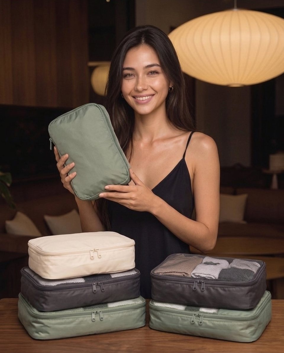 Elle with packing cubes on a table in warm lamplight