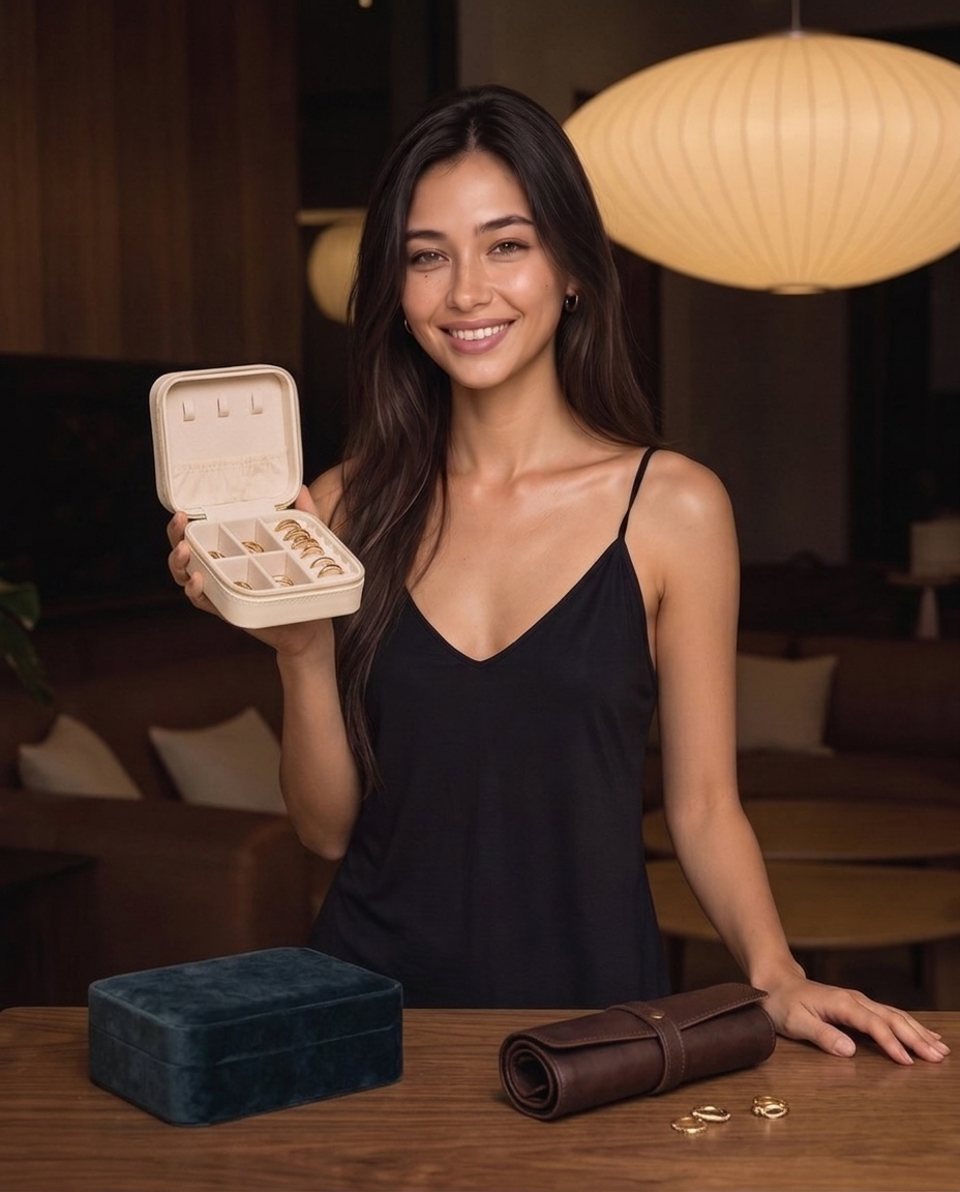 Elle with travel jewelry cases on a table in warm lamplight