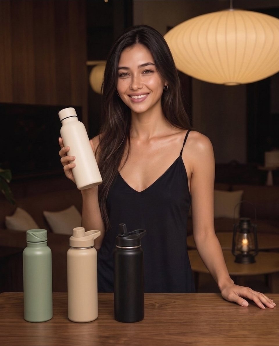 Elle with water bottles on a table in warm lamplight